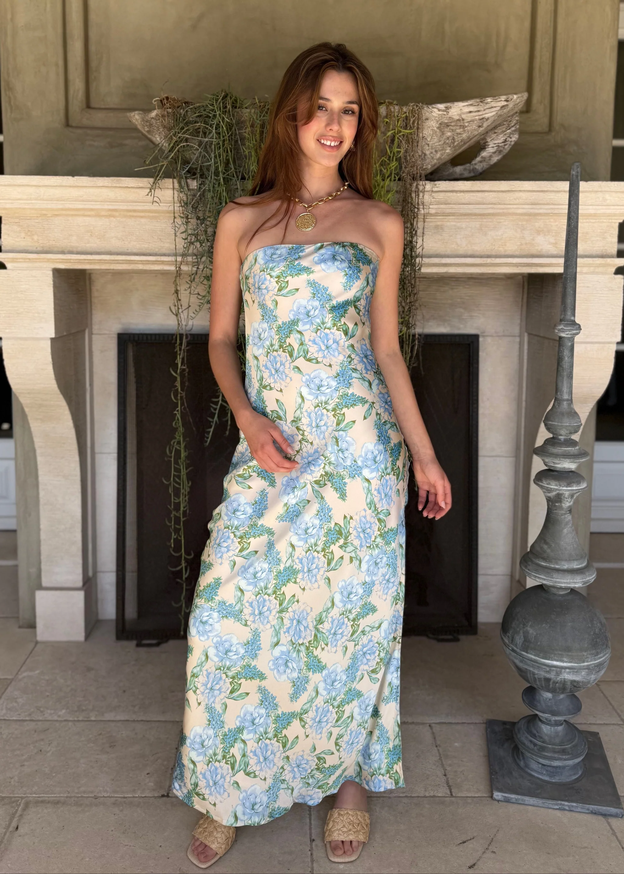 Aria Blue Floral Strapless Maxi Dress with Side Slit Medium