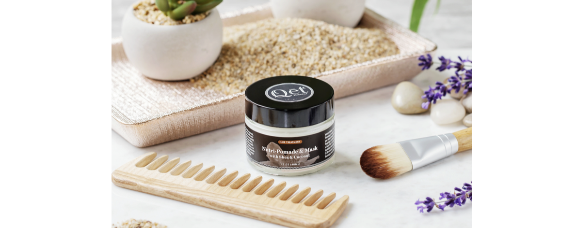 Nutri-Pomade and Mask with Shea & Coconut for Hair, with wooden comb and dry powder shampoo brush.