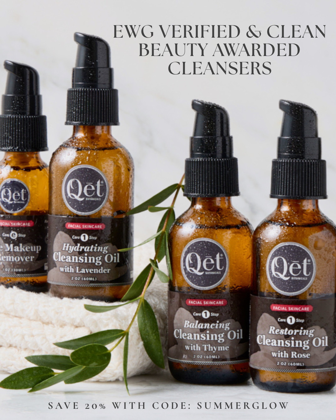 Qet-Botanicals-Hydrating-Cleansing-Oil with lavender sprigs and a coyuchi organic washcloth