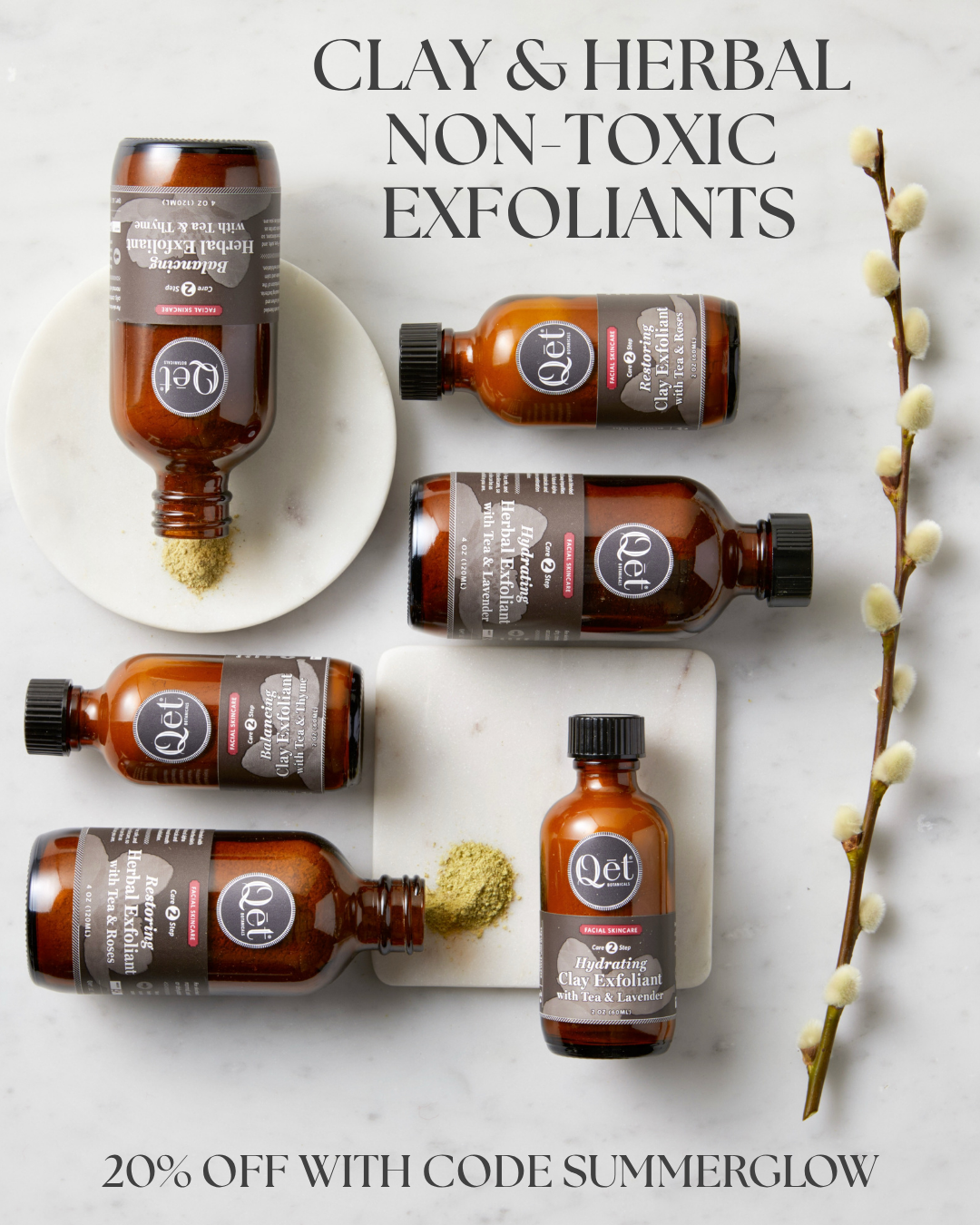 Qet-Botanicals-Hydrating-Herbal-Exfoliant with some of it poured in a bowl, with a brush and lavender springs in front of it and behind it.