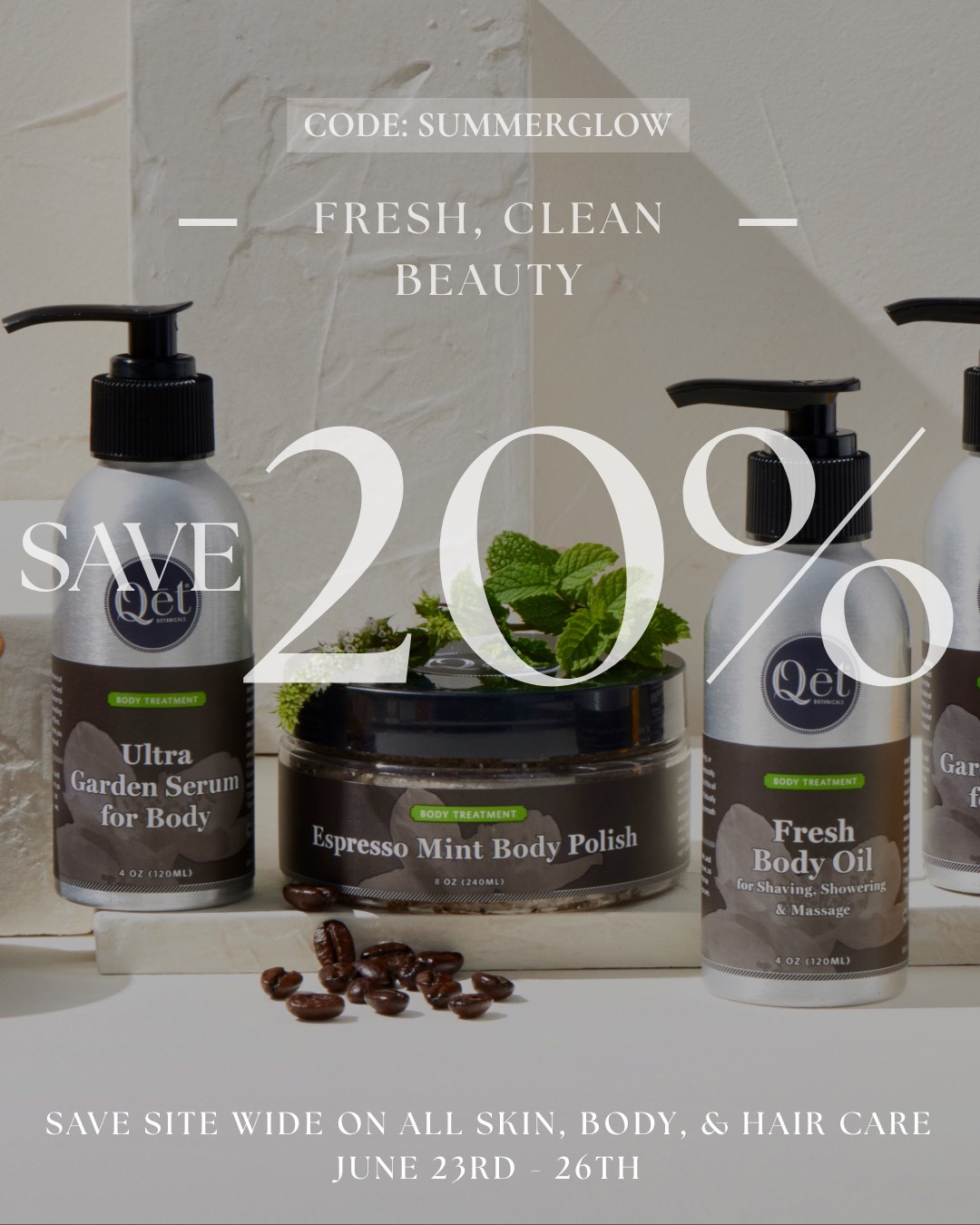 Save 25% Site Wide July 8-11 with code QetSummer25. Proven and performing treatments for face, hair and body. All natural and handmade in WI since 2013