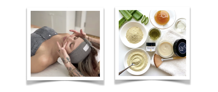 Image of a relaxing and organic facial taking place, with facial massage and organic treatments.