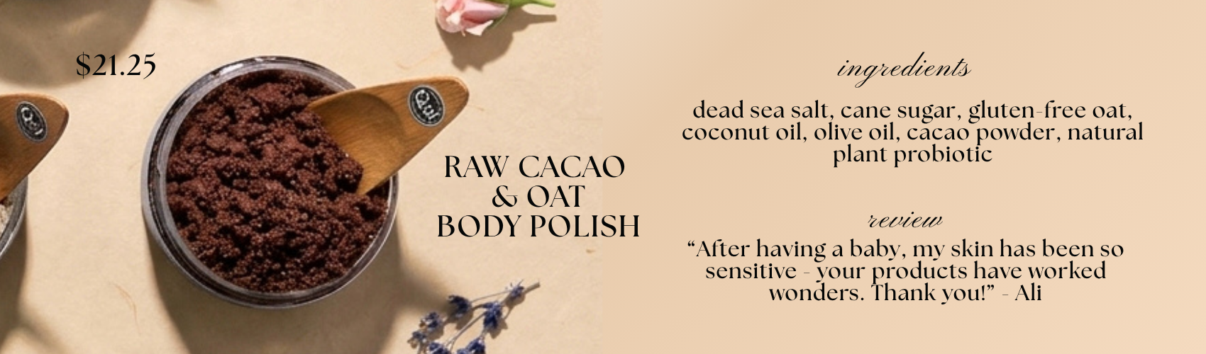 Raw Cacao and Espresso Mint Body Polishes surrounded by organic and natural ingredients