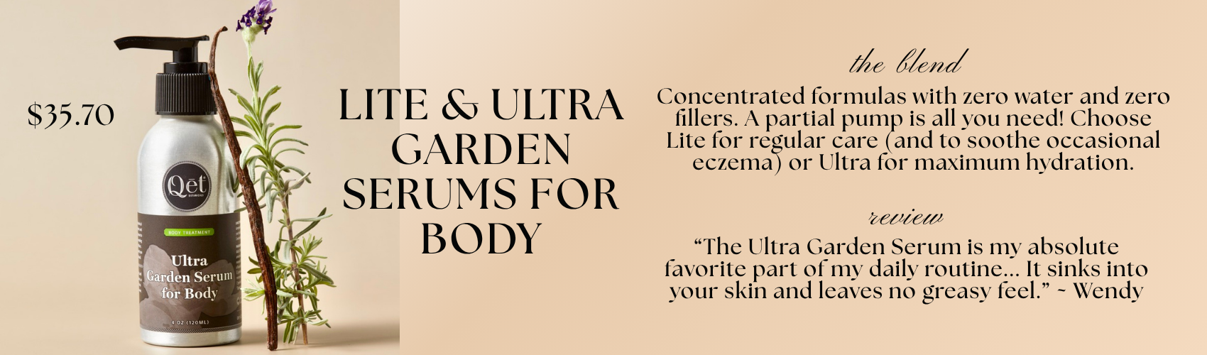 Lite Garden Serum for Body, Ultra Garden Serum for Body, and Body Brush sitting with fresh botanicals in the outdoors