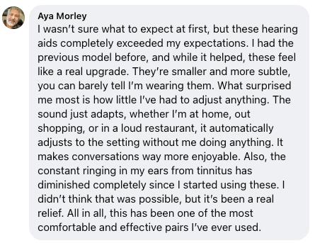 Lunex Hearing customer comment on Facebook