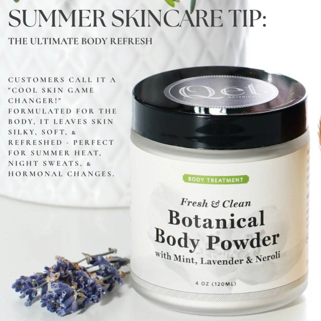 Botanical Body Powder with Mint, Lavender and Neroli with a sprig of lavender and a brush. Botanical Body Powder with Mint, Lavender and Neroli with a sprig of lavender and a brush.